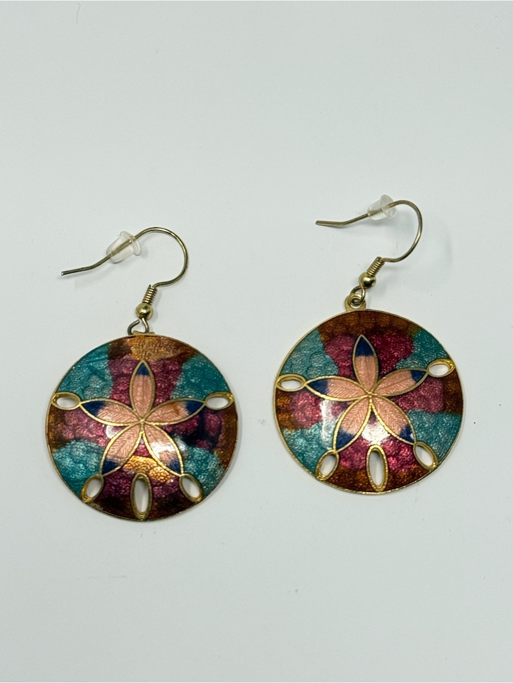 Vintage Gold Tone Sand Dollar Cloisonné Earrings